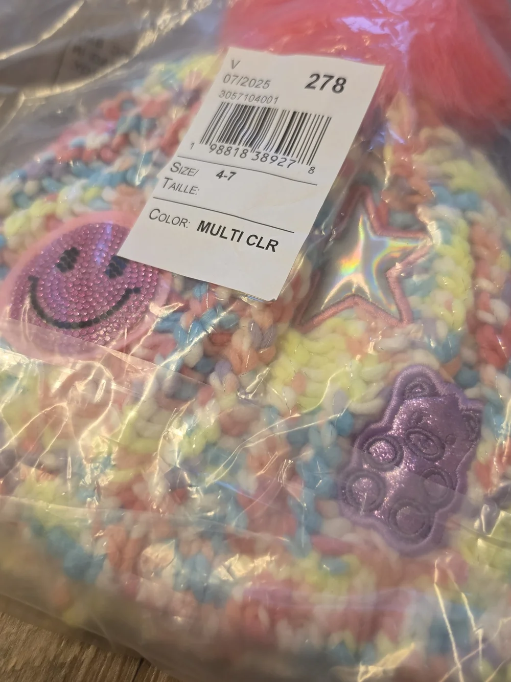 New Girls Multicolor Chunky Knit Beanie with Pink Pom & Fun Patches – Size 4-7